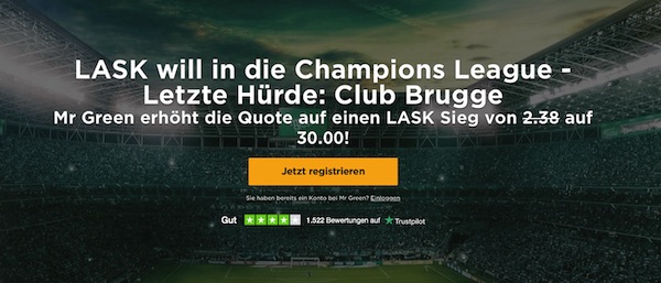 Mr. Green Quotenboost auf LASK gegen Brügge