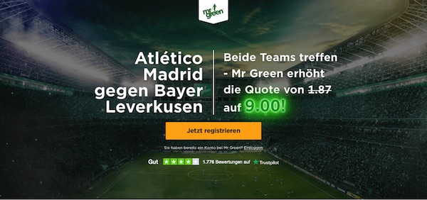 Mr Green Atletico Madrid Bayer Leverkusen erhöhte Quote beide Teams treffen
