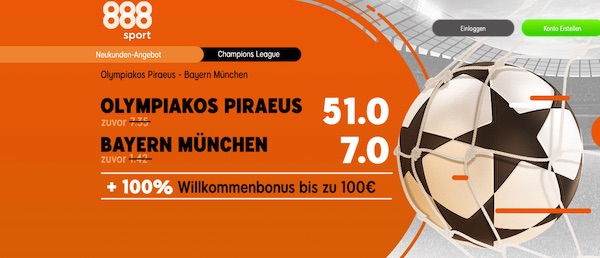 888sport: Super Quoten zum CL-Spiel Olympiakos-Bayern