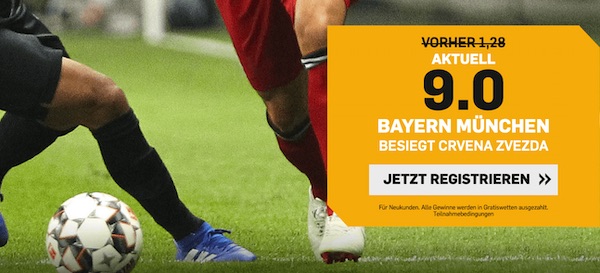 Betfair: Quote 9.0, wenn die Bayern bei Roter Stern gewinnen