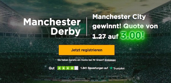 Mr Green ManCity enhanced odds gegen ManUnited