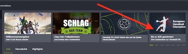 ComeOn Handball Aktion auf der Homepage
