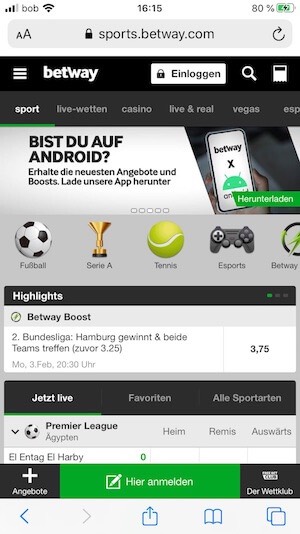 Betway Screenshot der mobilen Startseite