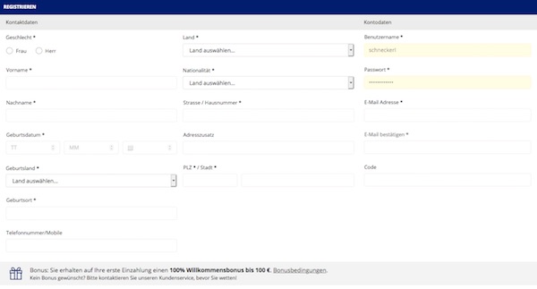 Betago Screenshot des Registrierungsformulars