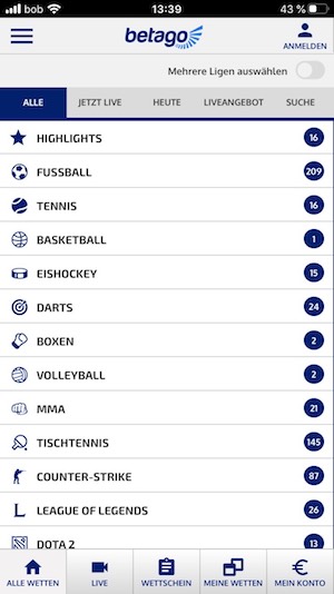 Betago Wettprogramm am Smartphone im April 2020