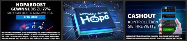 Hopa Bannerleiste mit Kombiboost, Wettassistent und Cashout Werbung