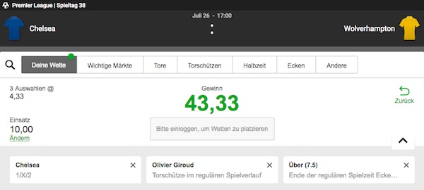 Betway Konfigurator Wette bei der Partie FC Chelsea - Wolverhampton Wanderers