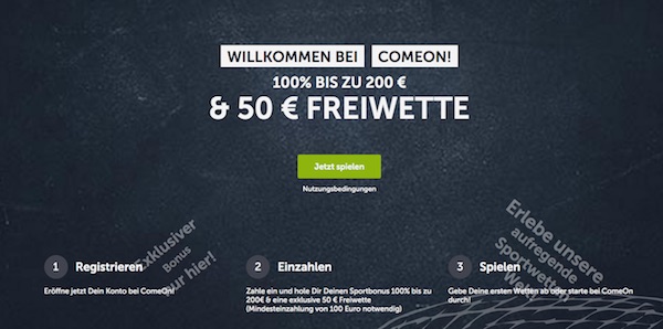 50 Euro Comeon Freebet als Goodie für erste Einzahlung