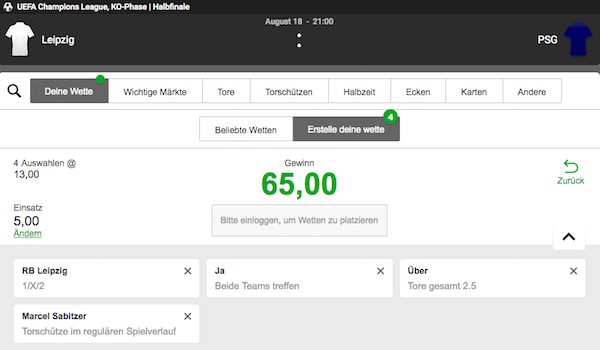 Beispielwette RBL vs. PSG mit dem Betway Konfigurator