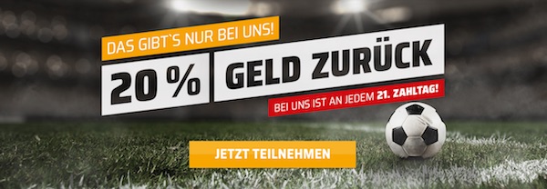 Bet3000 mit 20 Prozent Cashback an jedem 21. des Monats