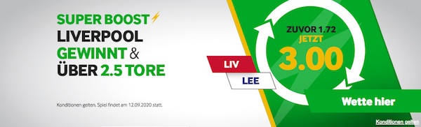 Betway Quotenboost auf Sieg Liverpool + gesamt über 2,5 Tore gegen Leeds United