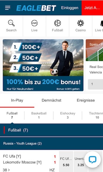 Screenshot der Eaglebet Web-App Homepage