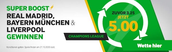 Betway Quotenboost am 1. CL Spieltag auf Bayern, Liverpool und Real