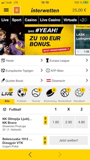 Screenshot der Interwetten Sportwetten App