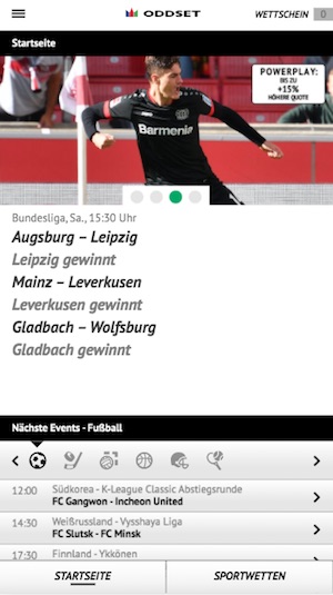 Screenshot der ODDSET Web App