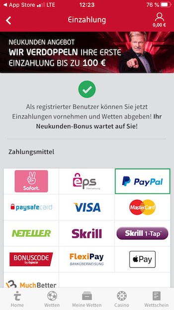 PayPal Einzahlung bei Tipico in der Sportwetten App