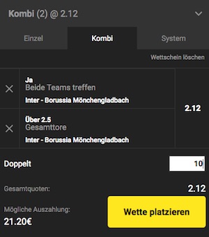 Unibet Bet Builder Wette auf Inter Mailand vs. Borussia Mönchengladbach