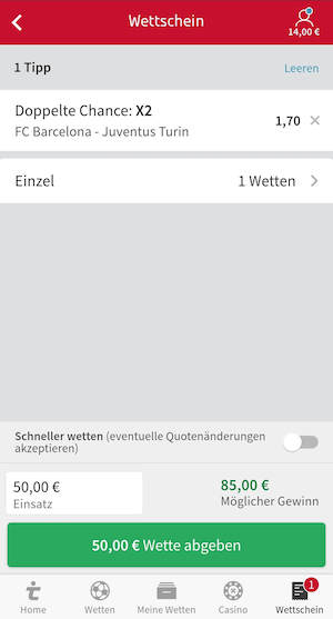 Tipico Wettschein zu Barca-Juve