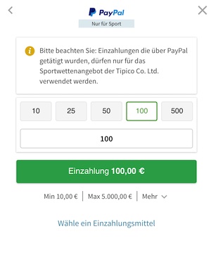 Einzahlung mit Paypal bei Tipico