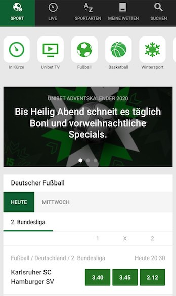 Screenshot der Unibet App