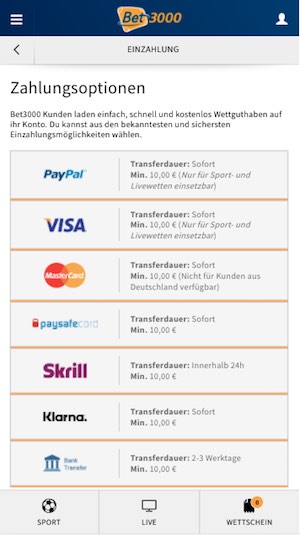 Mobile Zahlungsmethoden bei Bet3000
