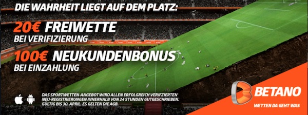 Hol dir eine 20€ Freiwette und 100€ Willkommensbonus bei Betano