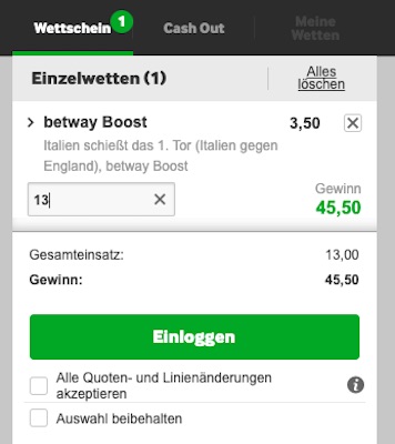 Betway Quotenboost zu Italien England