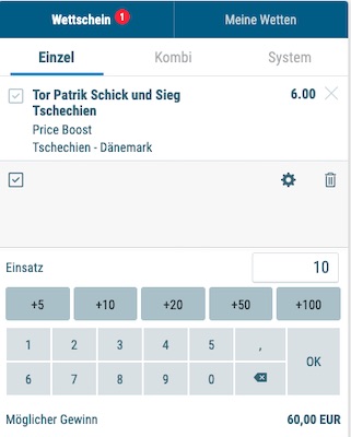 Quote 6 auf Tschechien Sieg und Schick trifft bei Sportingbet