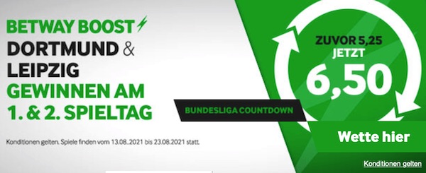 Betway Boost Bundesliga Countdown Dortmund Leipzig gewinnen 1 & 2 Spieltag wetten 