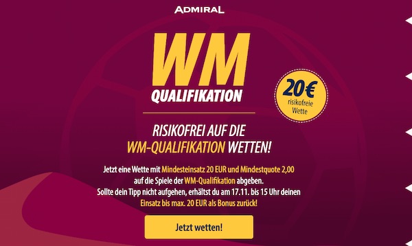 Bis zu 20€ Cashback auf deine WM-Quali Wetten bei Admiralbet