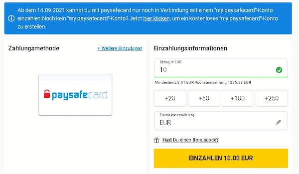 Einzahlung mit Paysafecard bei Bwin