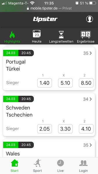 Wettübersicht in der Tipster App