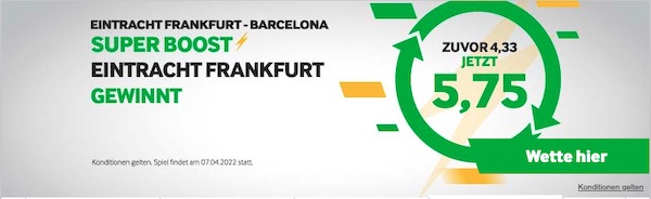 Betway bietet dir Quote 5.75 auf Sieg Frankfurt gegen Barcelona