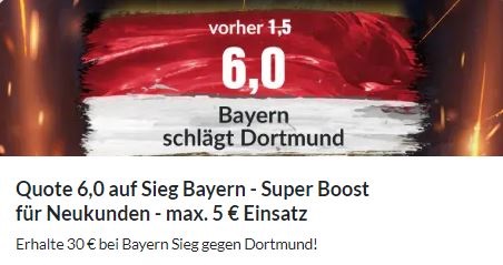 Die Bayern gewinnen gegen Dortmund mit der erhöhten Quote 6.00 bei BildBet.