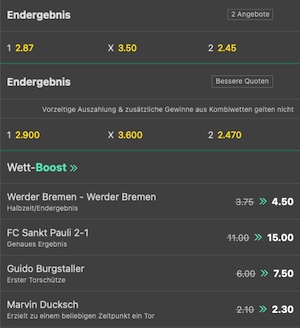 Screenshot der bet365 Quoten zu St. Pauli-Werder Bremen