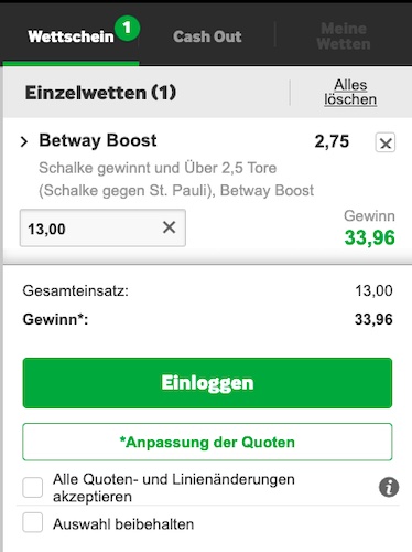 Quote 2.75 auf Sieg Schalke und über 2.5 Tore