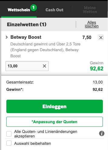 Quote 7.50 bei Betway auf Sieg DFB und über 2.5 Tore