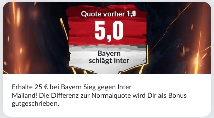 Nutze die erhöhte Bildbet Quote auf einen Bayern Sieg gegen Inter!