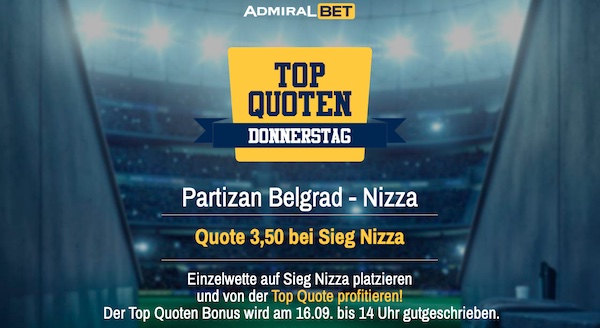 Quote 3.50 auf Sieg Nizza vs. Partizan Belgrad bei Admiralbet