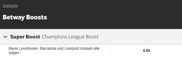 Betway Superboost auf sieg von Leverkusen Barcelona und Liverpool