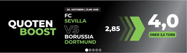 Quote 4.0 auf mehr als 3.5 Tore bei Happybet zu Sevilla - Dortmund