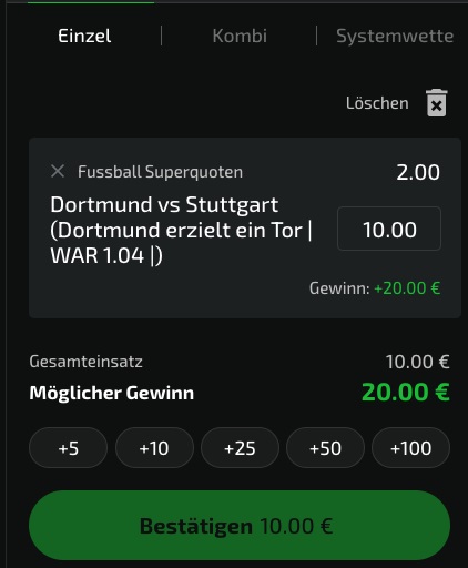 Mobilebet Wette Dortmund gegen Stuttgart