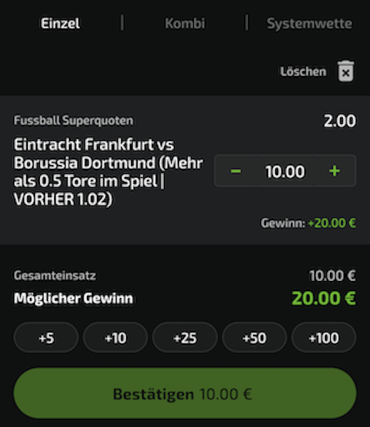 Mobilebet erhöht Quote auf Frankfurt gegen BVB.