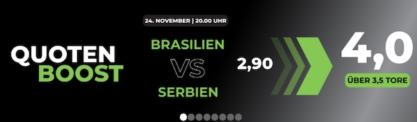 Quote 4.0 auf mehr als 3.5 Tore bei Brasilien - Serbien, nur bei Happybet