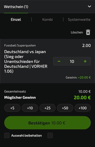 Deutschland - Japan: Doppelte Chance 1X zu Quote 2.0 bei Mobilebet