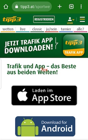 Tipp3 Wette per App mit der Trafik Applikation