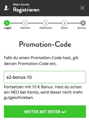 Vorausgefülltes Promo Code Feld bei NEO.bet