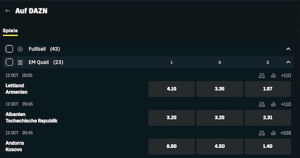 Wettmarktübersicht bei DAZN bet