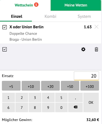 Doppelte Chance Wette bei ODDSET zu Sporting Braga vs. Union Berlin