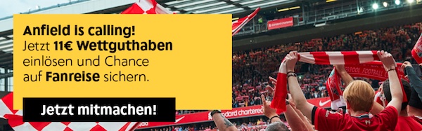 11€ Wettguthaben und Liverpool Fanreise bei Interwetten gewinnen